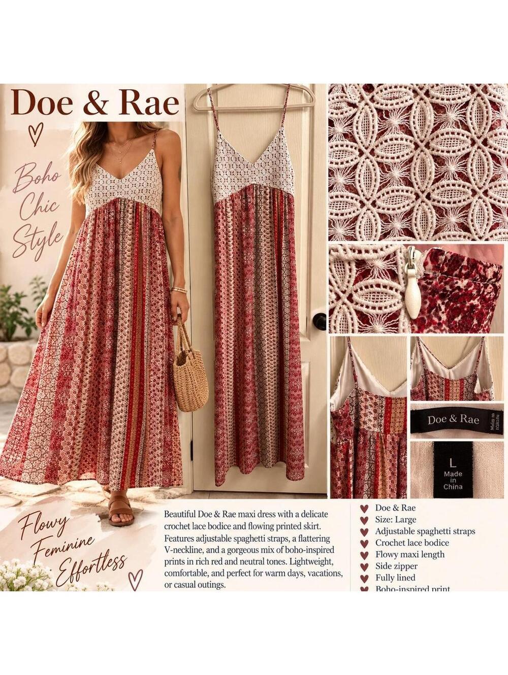 Doe & Rae Boho Maxi Dress – Size Large